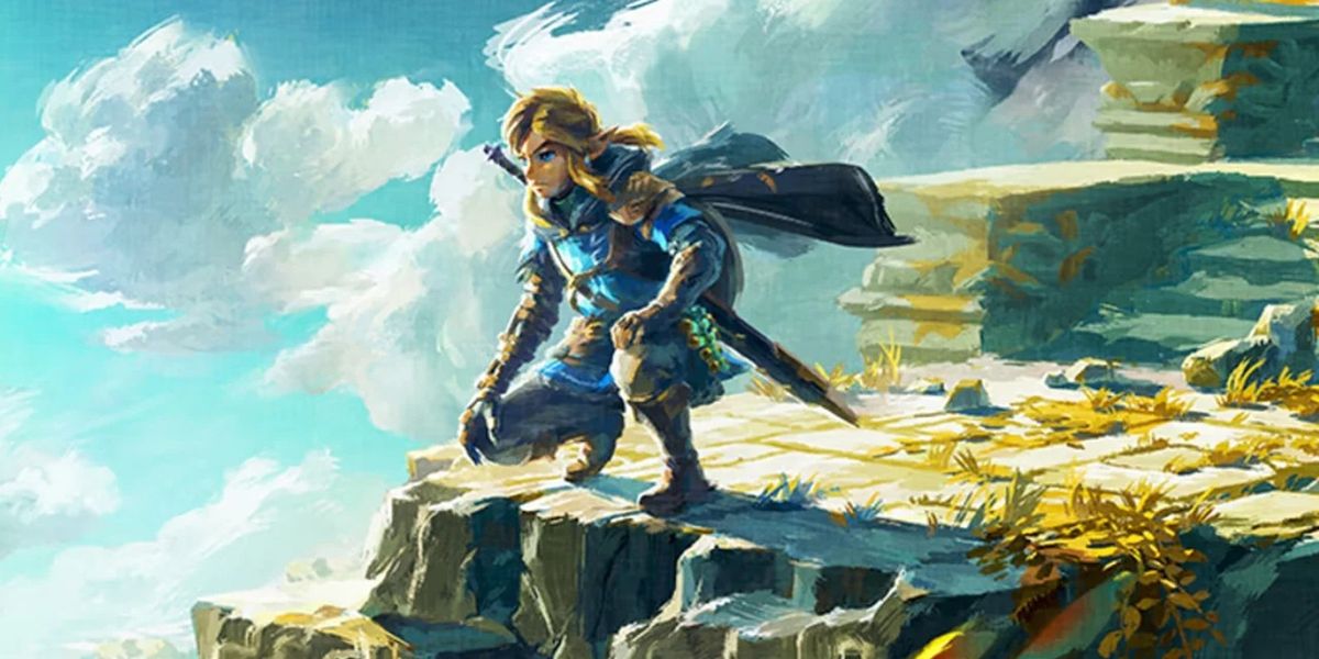 Screenshot of Link in Zelda Tears of the Kingdom crouching on cliff edge with sword in carrier