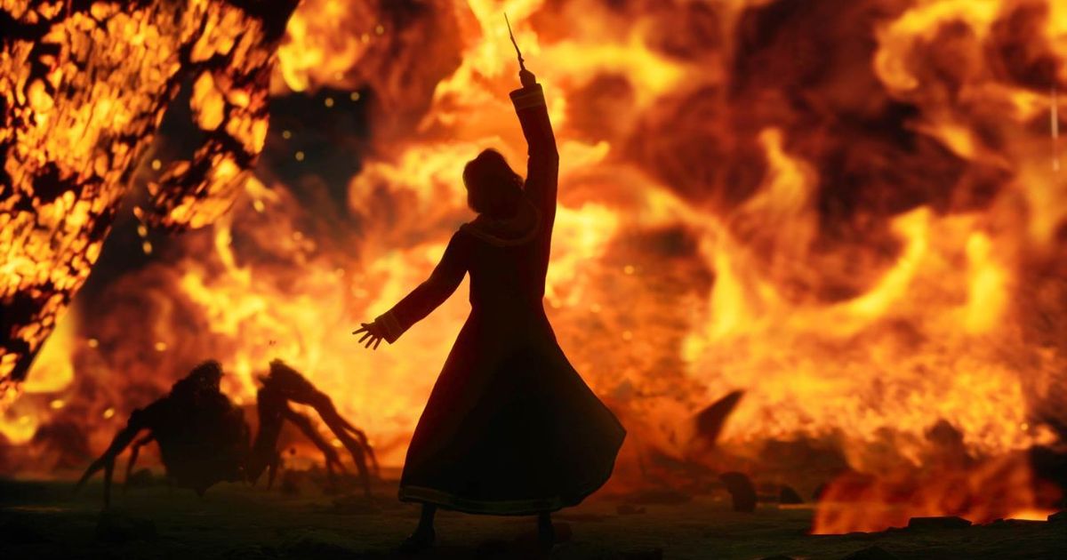 A character using a spell against a fiery backdrop in Hogwarts Legacy.