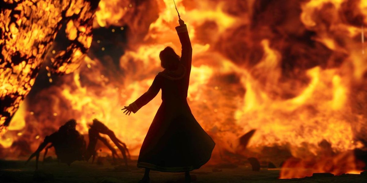 A character casting a spell against a fiery backdrop in Hogwarts Legacy.