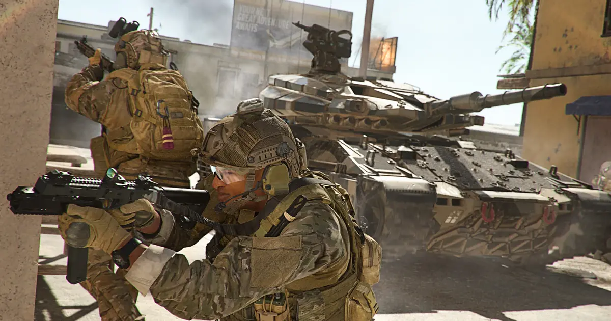 Warzone 2 player aiming down sight near tank