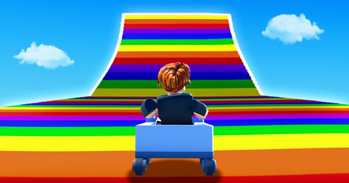 Roblox man in a cart on the end of a rainbow ramp