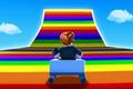 Roblox man in a cart on the end of a rainbow ramp