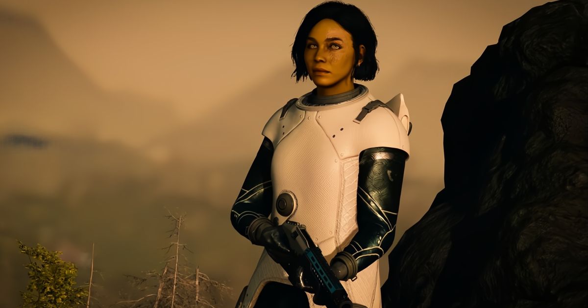 Starfield - woman holding a gun wearing white armour, looking at the camera
