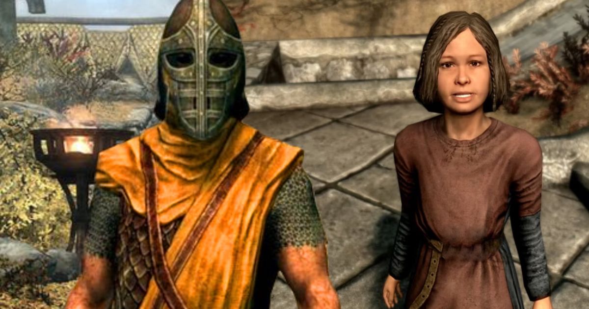 A Skyrim guard and a Skyrim orphan standing next to each other 