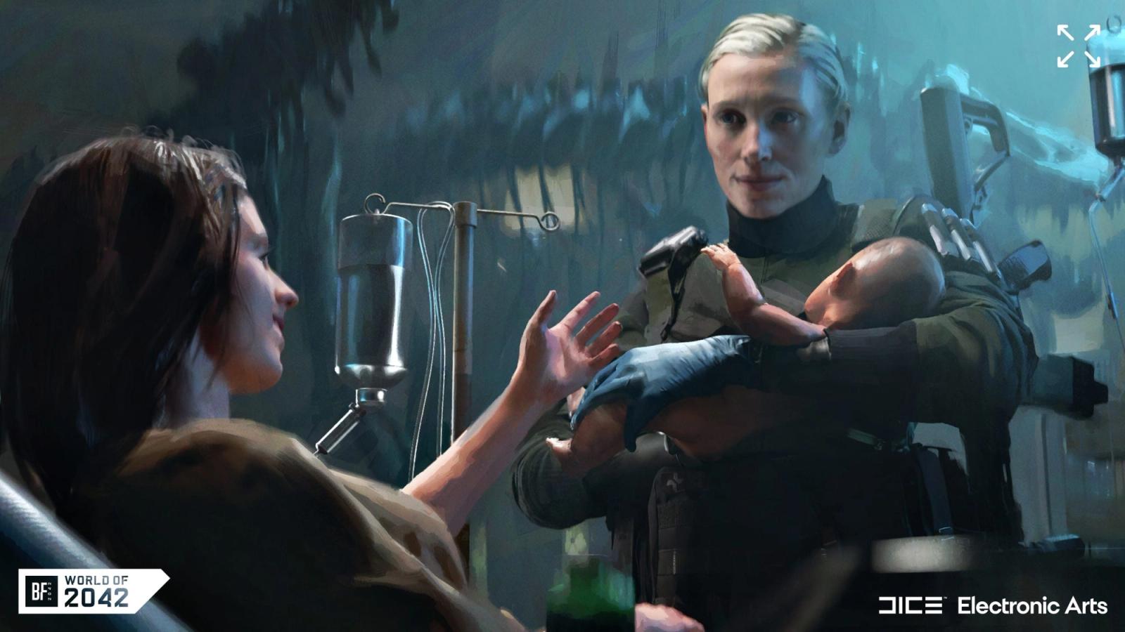 Battlefield 2042 specialist Maria Falck holds a baby.