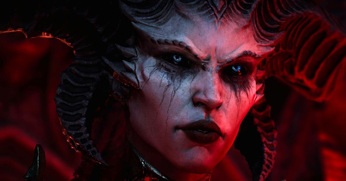Close up of Lilith's face in Diablo 4.