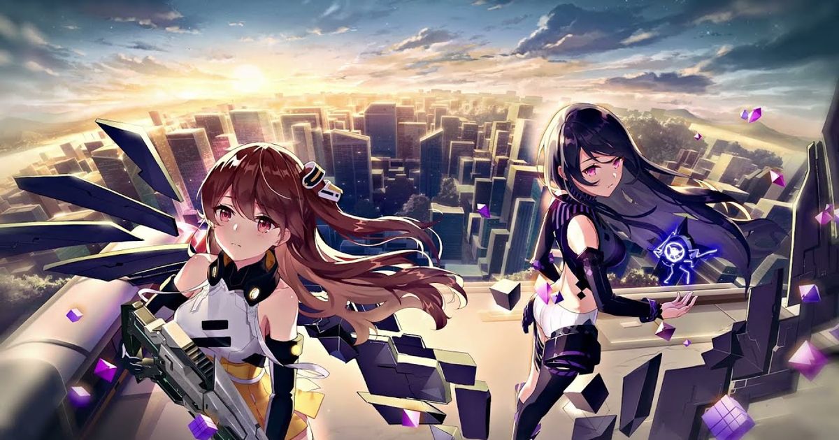 Two characters from Girl Cafe Gun, a cityscape can be seen behind them.