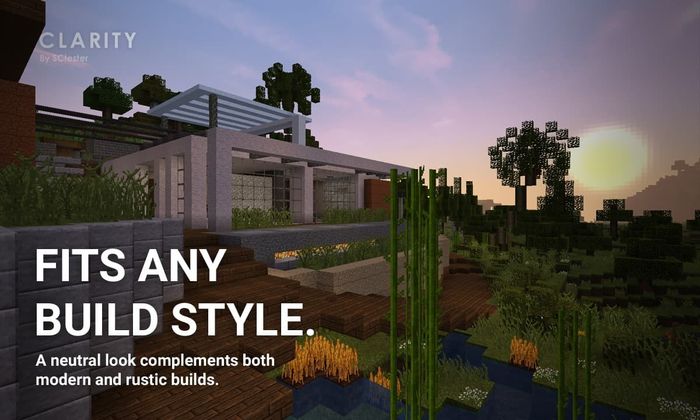 A Minecraft house, with the caption 'FITS ANY BUILD STYLE. A neutral look complements both modern and rustic builds.'