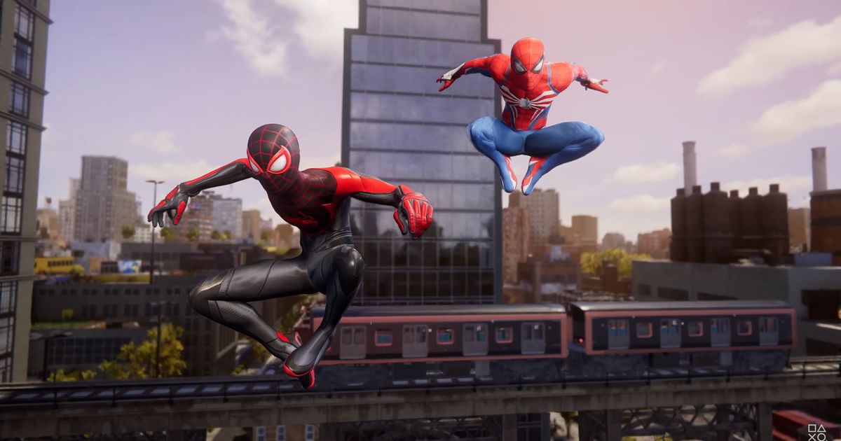 Miles Morales and Peter Parker in their Spider-Man costumes swinging through New York
