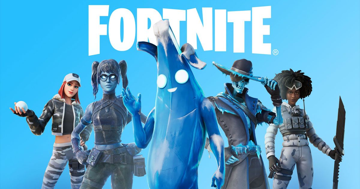 A collection of Fortnite characters, including a blue banana, in front of a light blue background and below white Fortnite branding.