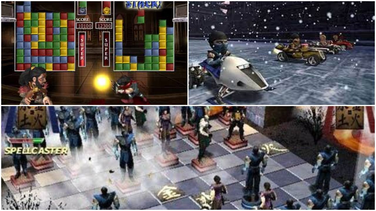Three different Mortal Kombat Games. Mortal Kombat in Chess, Racing, and puzzle forms are shown above.