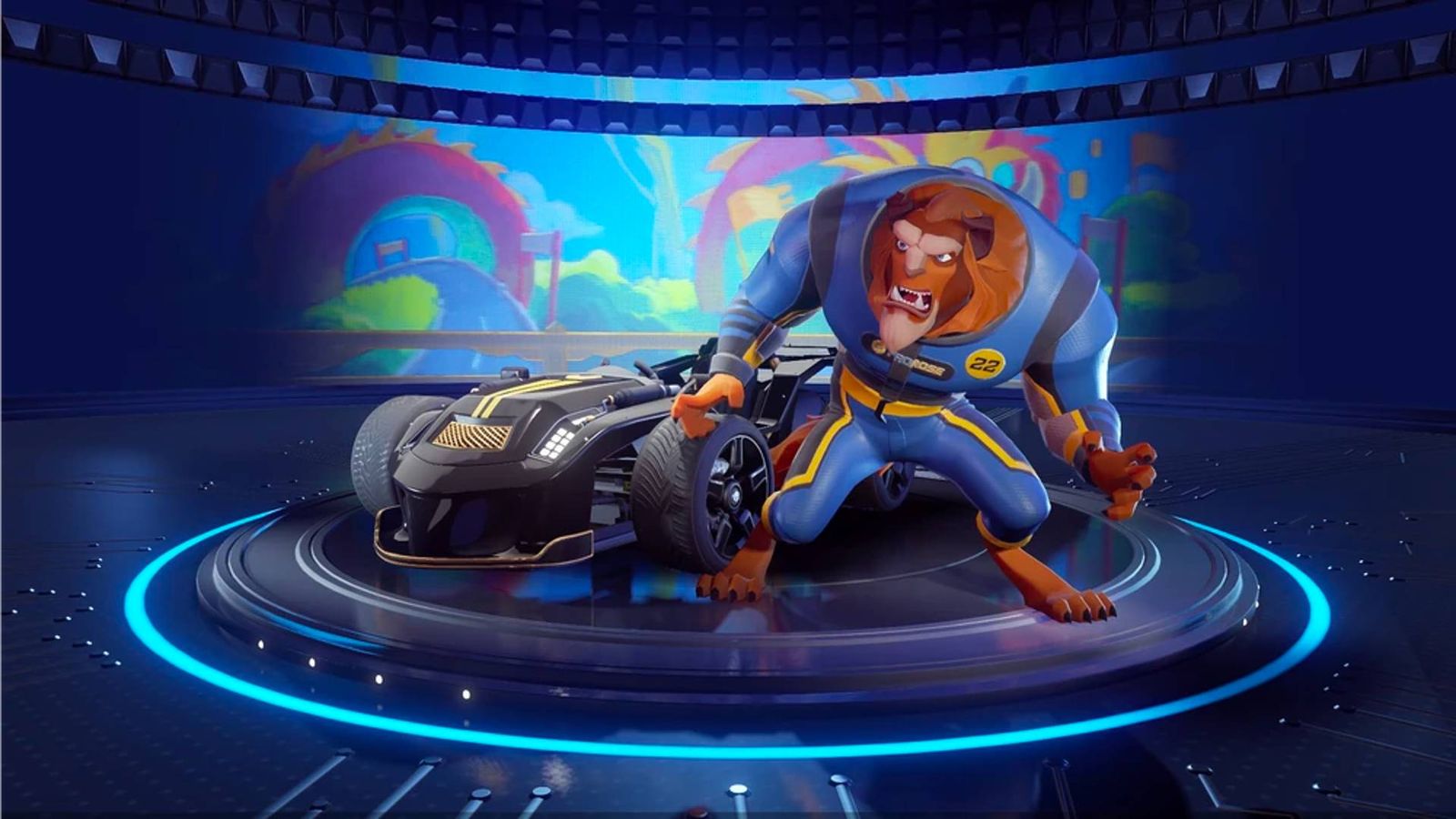 Beast stood in front of a kart in Disney Speedstorm.