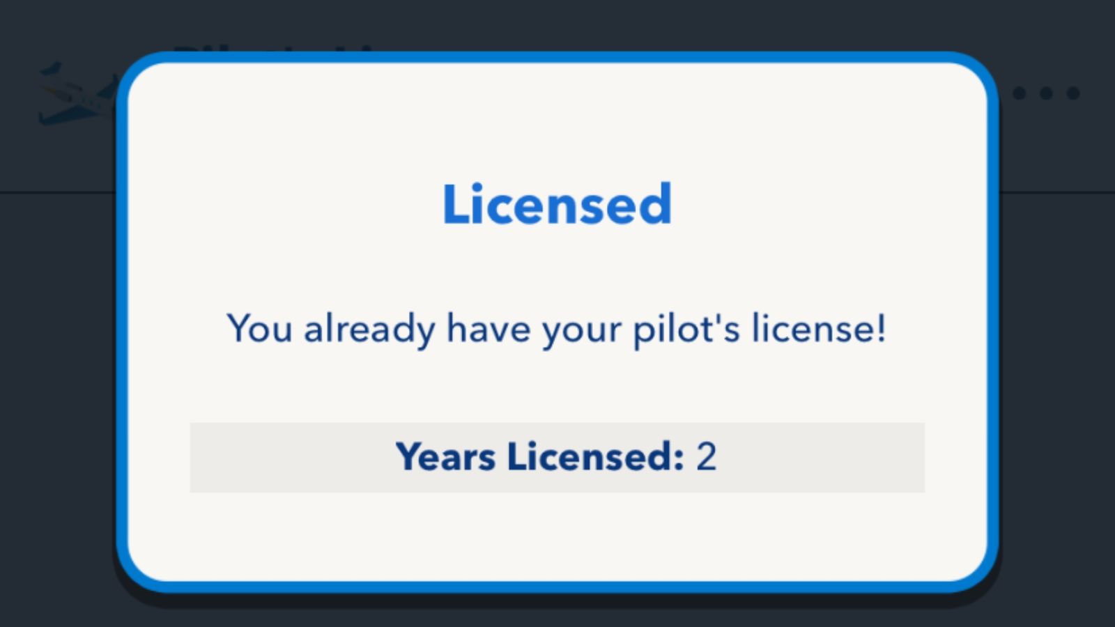 Screenshot from BitLife, showing the character having passed their pilot's test