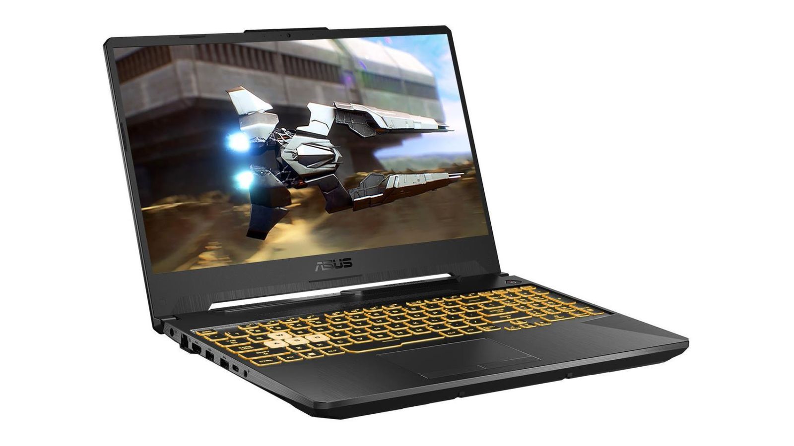 A product image of the Asus TUF Gaming F15, a dark grey laptop with yellow backlit keys, featuring a small spaceship taking off as the display background.