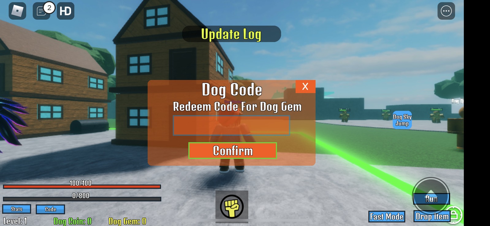 Screenshot of the Dog Piece code redemption screen, with a text box and a Redeem button