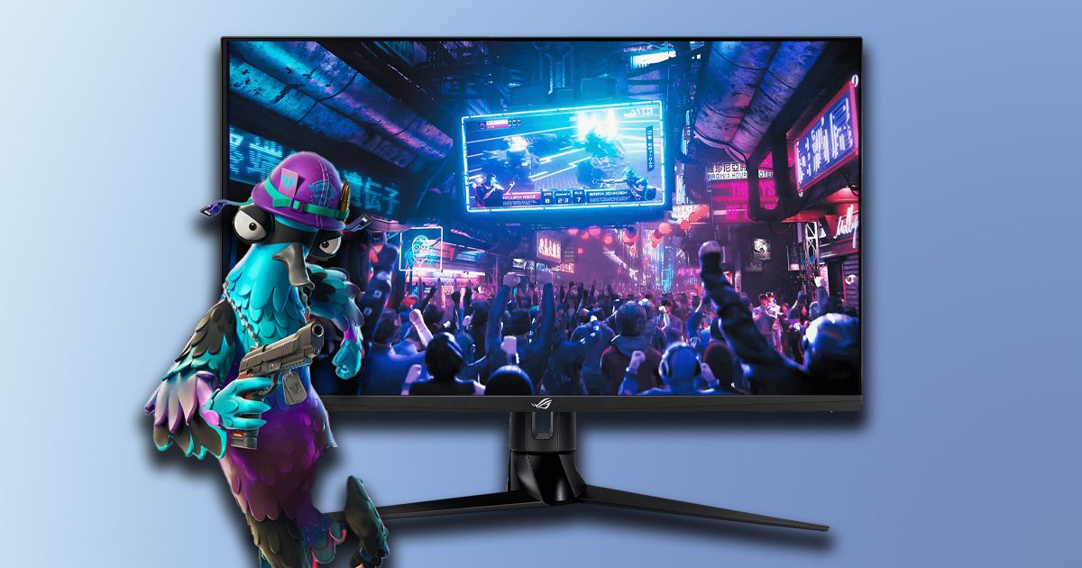 A black gaming monitor with a crowd scene on the display with a blue, purple, and black bird character from Fortnite in front of it.