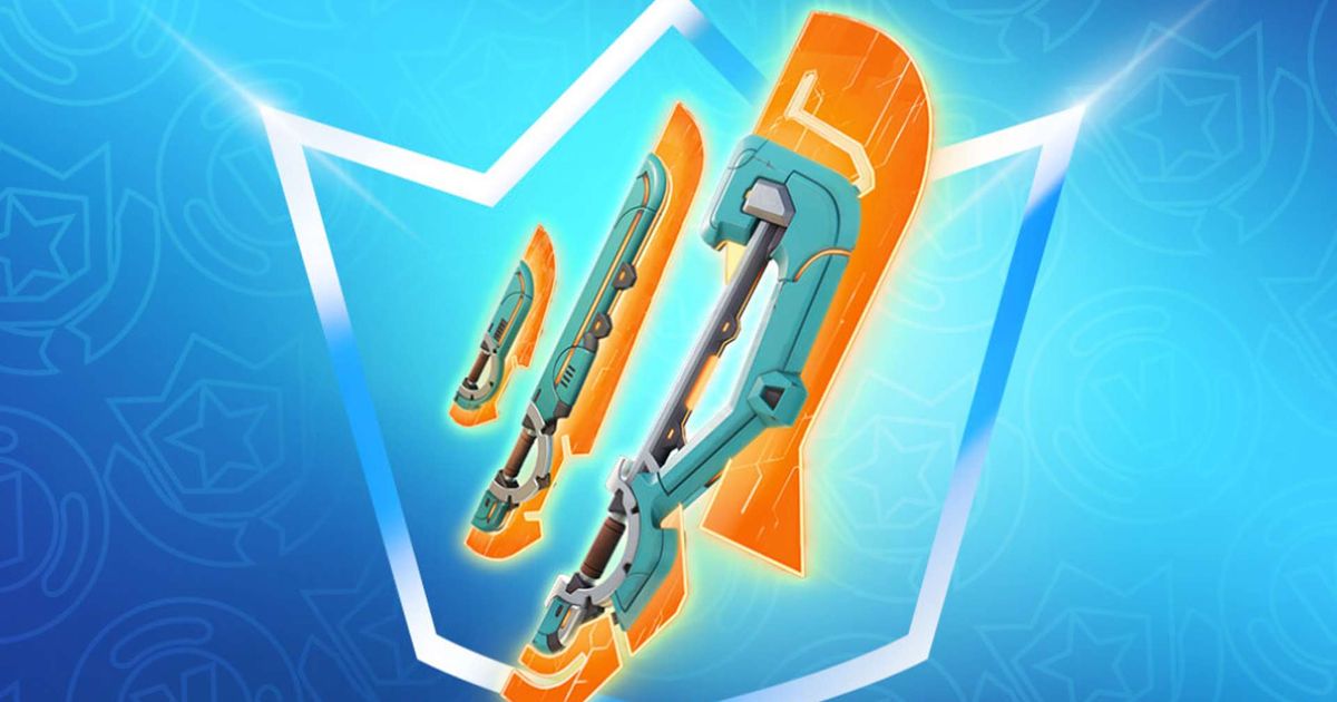 A custom pickaxe with orange and blue stylings in Fortnite.