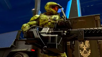 Master Chief as seen in the Halo Infinite season 5 trailer, holding a large weapon