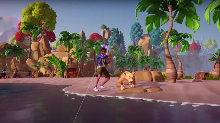 Nala and the character are fishing in Disney Dreamlight Valley.