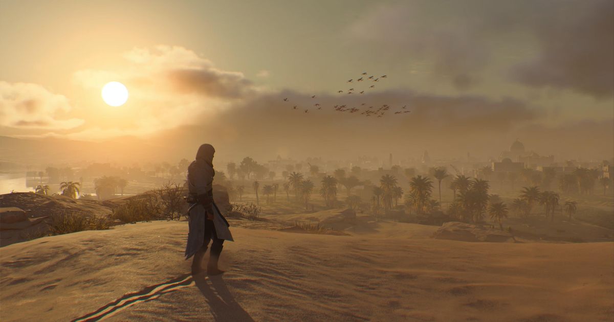 An in-game image from Assassin's Creed Mirage showing the desert landscape