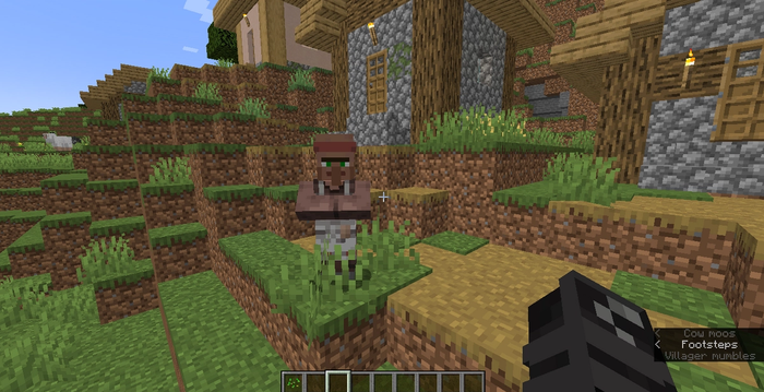 A Minecraft Butcher villager standing in front of houses. 