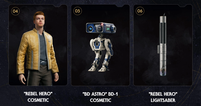This cosmetic pack features an outfit, a robot BD-1 cosmetic, and a lightsaber. 