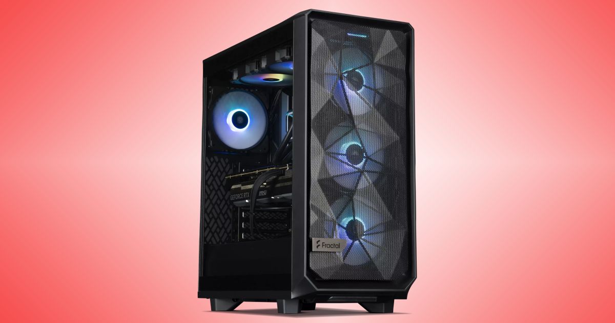 A black PC with a clear side panel showcasing internal blue lighting.