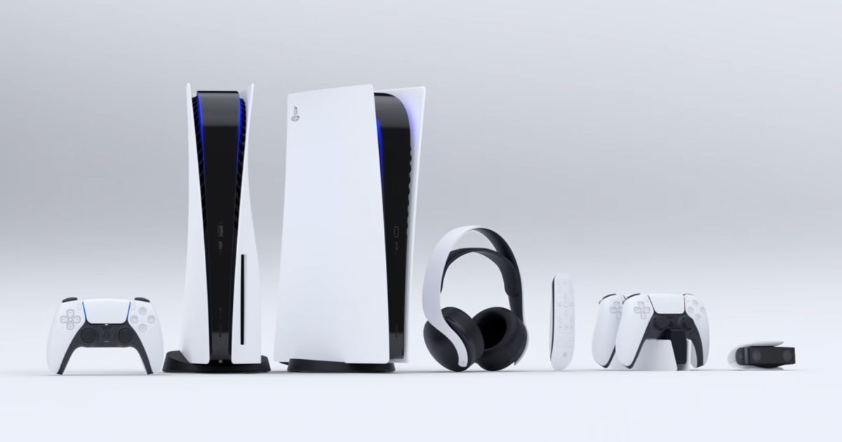 Two white and black PS5s next to similarly-coloured controllers, a headset, and other accessories.