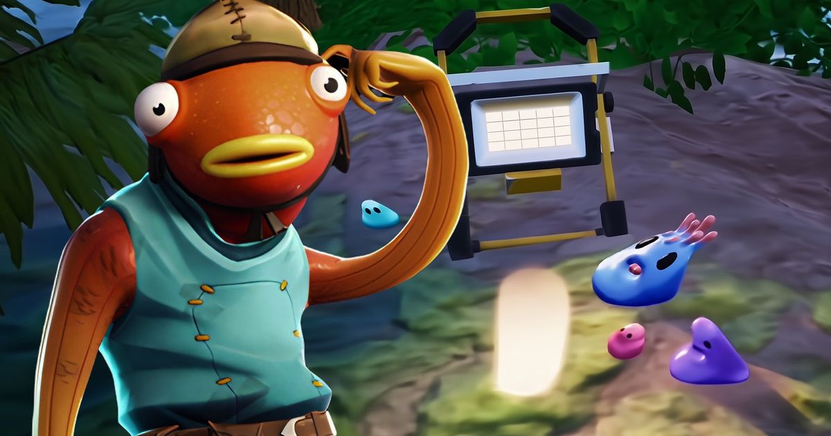 Fortnite - orange fish man scratching his head, while stood next to some small colourful blobs with black eyes
