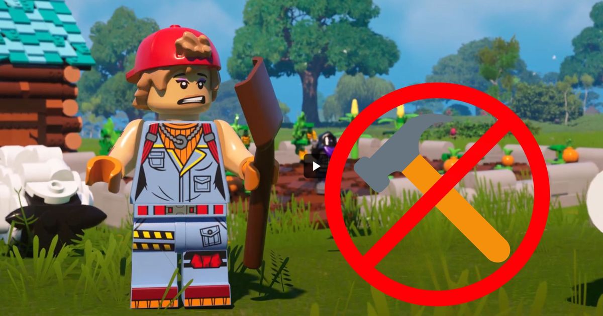 A LEGO Fortnite character alongside a "no build" sign 
