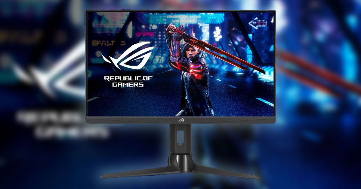 A black monitor with a video game character holding a red flaming sword next to white ROG branding on the display.