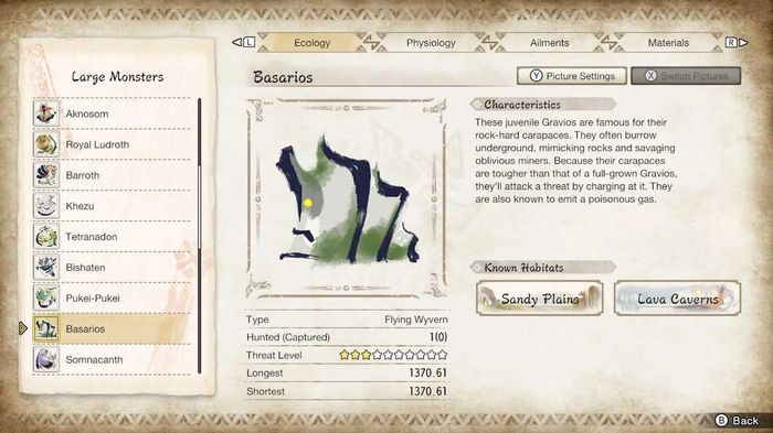 The Hunters Notes screen in Monster Hunter Rise showing an Arzoros and its weaknesses