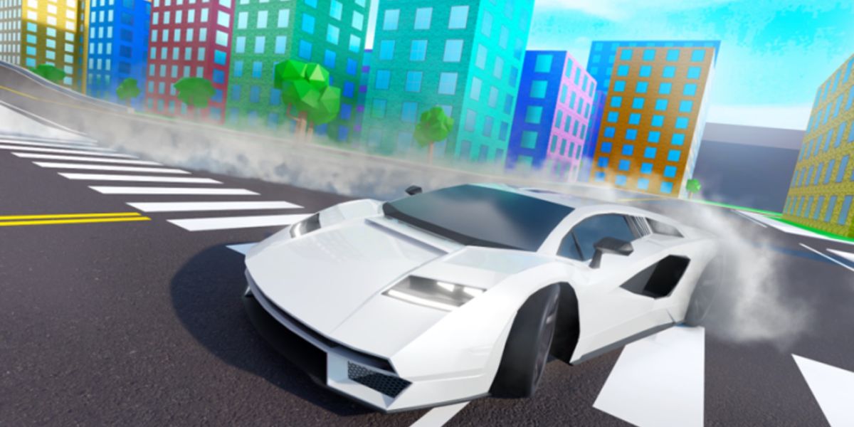 Screenshot from Car Dealership Tycoon, showing a supercar drifting around a corner in Roblox