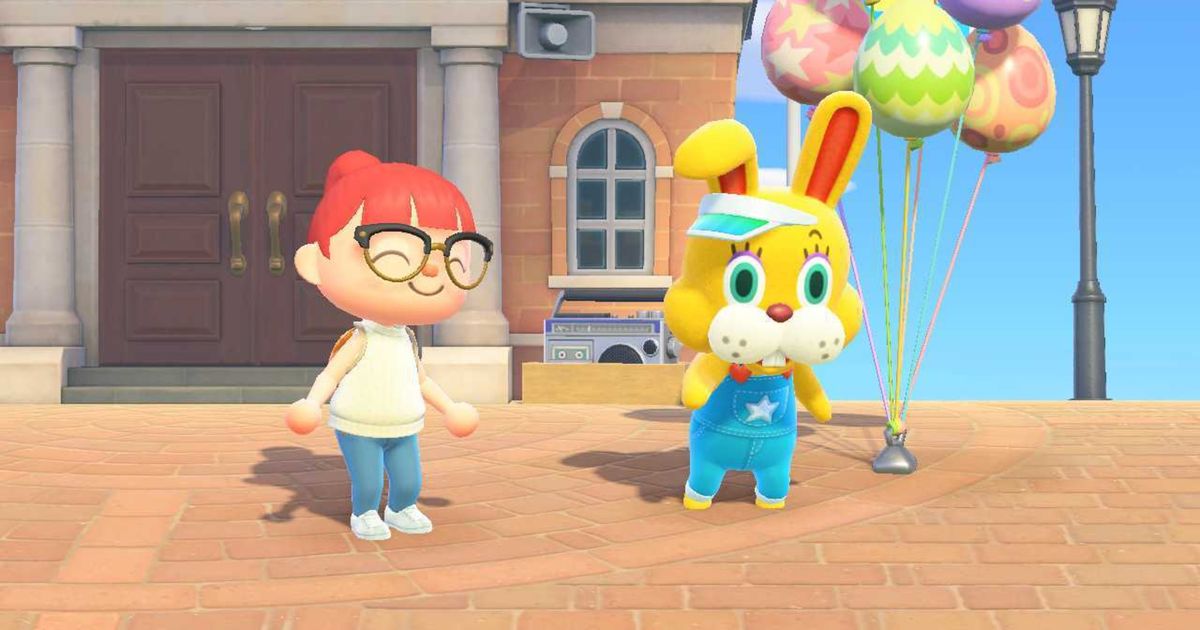 Animal Crossing New Horizons. The player is stood on the left and smiling at Zipper T.Bunny on Bunny Day.