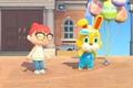 Animal Crossing New Horizons. The player is stood on the left and smiling at Zipper T.Bunny on Bunny Day.