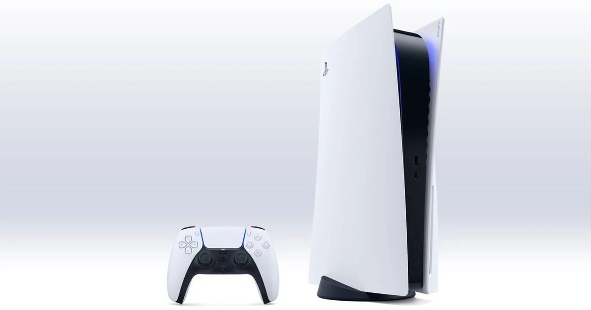 A white and black PS5 next to the DualSense gamepad, both featuring blue lighting.