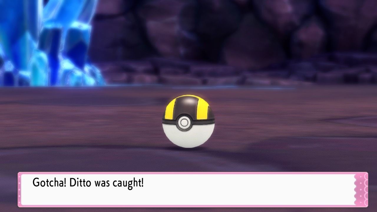 Ditto, caught using an Ultra Ball, in a Dazzling Cavern of the Grand Underground in Pokémon Brilliant Diamond and Shining Pearl.