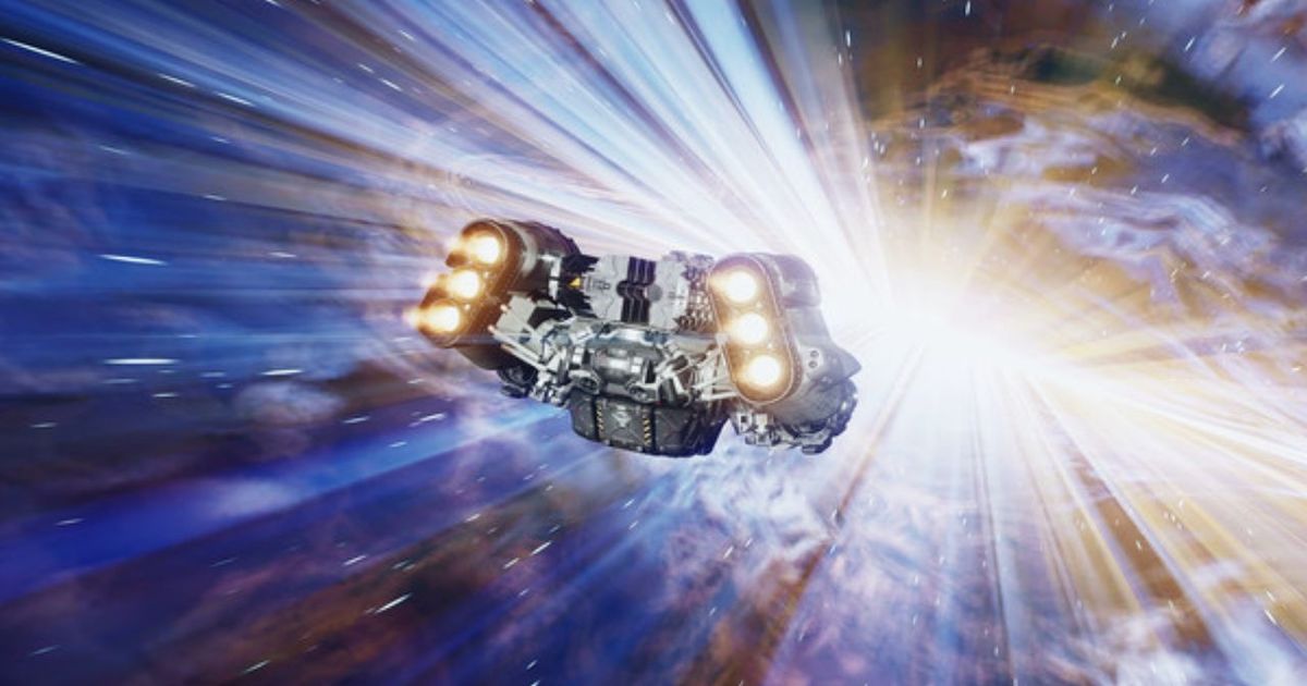 A spaceship blasting through space in Starfield.