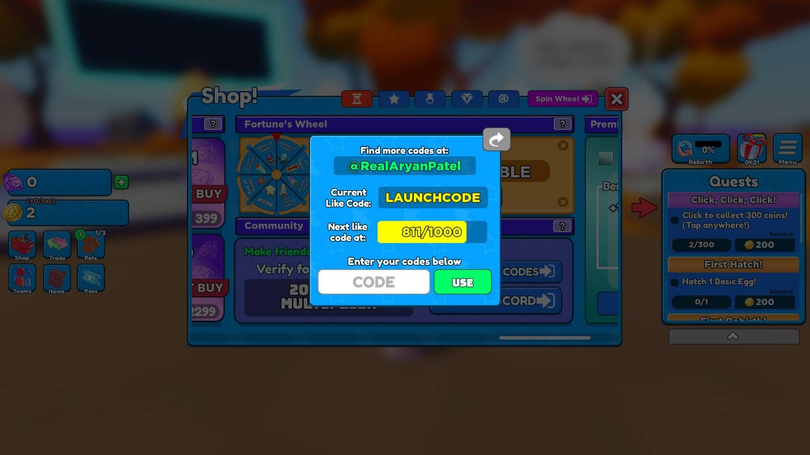 The code redemption screen in Click Simulator.
