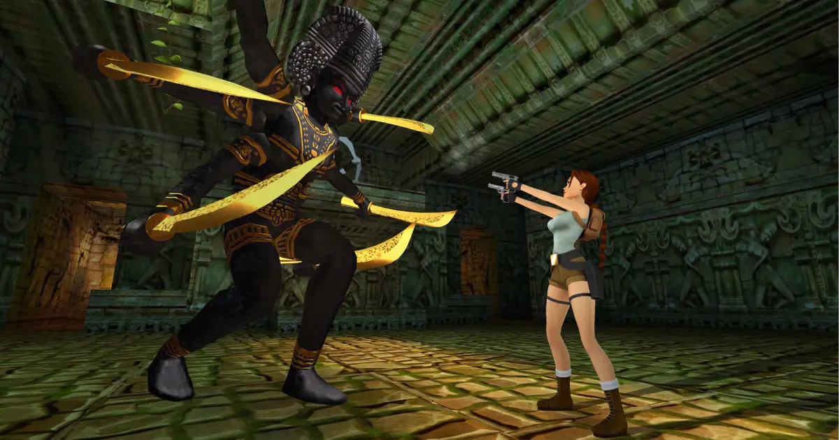 Lara Croft in a blue shirt and brown shorts firing two guns at a black and gold giant character holding golden swords in its six hands.