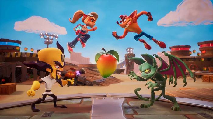 Several Crash Bandicoot characters fight for the possession of a wumpa fruit.