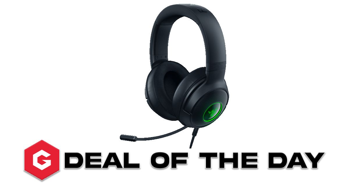 A black over-ear gaming headset featuring green Razer branding above Gfinity Deal of the Day branding.