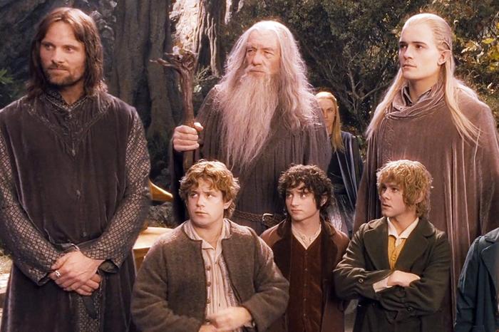 Several characters from The Lord of the Rings are lined up.
