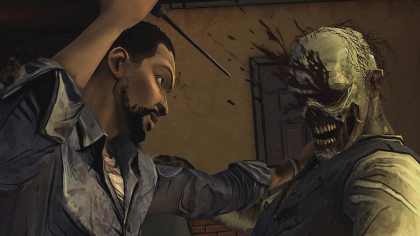 Screenshot from The Walking Dead, showing Lee stabbing a zombie in the eye