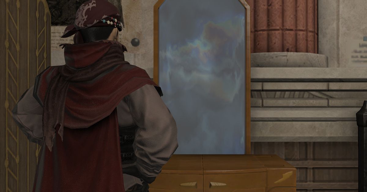 An image of a rogue in a red bandanna from Final Fantasy XIV posing in front of a glamour dresser, in preparation for taking screenshots for his screenshot folder.