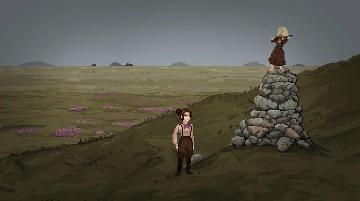 The protagonist stands in a field next to a stack of rocks in The Excavation of Hob's Barrow