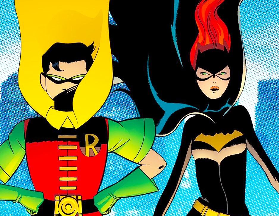 Robin and Batgirl are standing side-by-side.